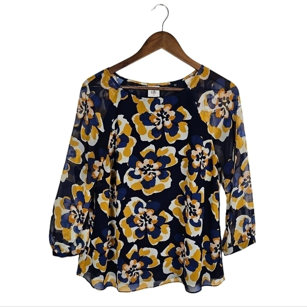 Cabi Floral Chiffon Lydia Blouse Blue Yellow White Size M - Picture 2 of 10